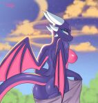  absurd_res activision anthro big_breasts big_butt blue_eyes blurred_background breasts butt ccruelangel cloud cynder dragon female hi_res horn looking_at_viewer looking_back plant purple_body sky smile smirk solo spyro_the_dragon teasing towel tree video_games wings 
