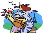  alcohol animal_skin anthro baguette bandai_namco beret beverage bogswallop bread cigarette claws clothing digimon digimon_(species) eiffel_tower facial_hair food french gabumon hat headgear headwear horn male mustache shopping_bag smoking wine yellow_body 