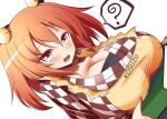  1girl apron bell breasts checkered_clothes checkered_kimono checkered_shirt cleavage hair_bell hair_ornament japanese_clothes kimono large_breasts motoori_kosuzu red_eyes shirt short_hair simple_background solo touhou two_side_up white_background xialu_zajin yellow_apron 