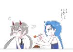  2girls :i =_= ahoge anger_vein angry assault_lily bangs bare_arms bare_shoulders black_necktie blank_eyes blue_hair blue_shirt blush_stickers braid braided_ponytail buttons closed_eyes closed_mouth collared_shirt curry curry_rice feeding food fujita_asagao grey_hair highres holding holding_spoon horns igusa_subaru long_hair looking_at_another low_ponytail low_twintails motion_lines multiple_girls necktie no_mouth parted_bangs plate pout profile red_horns rice school_uniform shirt simple_background single_braid sleeveless sleeveless_shirt spoon table teisuu translated turning_head twintails two-tone_shirt upper_body v-shaped_eyebrows v_arms white_background white_shirt 