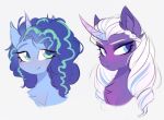  2022 afro blue_body blue_eyes blue_fur blue_hair braided_hair chest_tuft digital_media_(artwork) duo equid equine eyelashes female feral freckles fur hair hasbro horn inner_ear_fluff kirionek mammal misty_(g5) mlp_g5 my_little_pony my_little_pony:_make_your_mark purple_body purple_fur shadowy_alicorn_(mlp) simple_background smile tuft unicorn white_background white_hair 