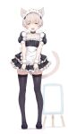  1girl absurdres alternate_costume animal_ears apron black_dress black_thighhighs blue_eyes cat_ears cat_tail dress enmaided full_body highres kantai_collection looking_at_viewer maid maid_headdress ryo_(tg290) short_hair simple_background solo tail thighhighs waist_apron white_apron white_background yellow_eyes z1_leberecht_maass_(kancolle) 