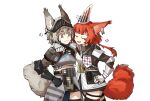  2girls :d animal_ears arknights arm_around_shoulder armor ashlock_(arknights) black_thighhighs closed_eyes cowboy_shot crop_top ear_covers ear_tag earpiece flametail_(arknights) frown gauntlets grey_eyes grey_hair hand_on_hip highres long_hair mechanical_owl multiple_girls open_mouth red_hair short_hair simple_background smile solo sparkle squirrel_ears squirrel_girl squirrel_tail tail thigh_strap thighhighs u_u white_background 