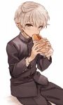  1boy bangs eating grey_eyes grey_hair juusan_kihei_bouei_ken long_hair long_sleeves male_focus okino_tsukasa school_uniform sitting solo soto yakisobapan 