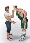  2boys absurdres bara beard biceps brown_eyes brown_hair facial_hair hand_on_hip highres horns large_pectorals looking_at_another male_focus manly mature_male multicolored_hair multiple_boys muscular muscular_male original pants pectorals red_eyes selkiro shadow shirt shoes short_hair sidepec simple_background smile snickers socks spiked_hair t-shirt tank_top teeth thick_arms thick_eyebrows thick_thighs thighs tongue undercut white_background white_hair 