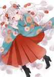  1girl albino animal_ears bangs black_footwear boots chinese_zodiac flower grey_hair hakama japanese_clothes long_hair looking_at_viewer mouse_ears myaco9 new_year original red_eyes red_flower solo year_of_the_rat 