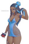  1girl absurdres armlet bare_shoulders black_hair blue_dress blue_eyes blue_hair breasts choker covered_navel dark-skinned_female dark_skin dress earrings forehead gloves hair_bun hair_flip highres holding holding_poke_ball hoop_earrings jewelry long_hair medium_breasts melowh multicolored_hair nessa_(pokemon) poke_ball poke_ball_(basic) pokemon pokemon_(game) pokemon_swsh revealing_clothes short_dress sidelocks simple_background single_glove single_hair_bun single_thighhigh solo thighhighs thighs two-tone_hair white_background 