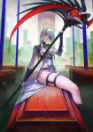  1girl absurdres casket colored_inner_hair eyepatch green_hair halo highres holding holding_scythe legs light_smile long_hair looking_at_viewer multicolored_hair nababa nail_polish no_panties original purple_hair red_eyes scythe sitting solo 