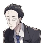  1boy black_eyes black_hair black_jacket blue_necktie closed_mouth collared_shirt copyright_request facial_hair forehead jacket male_focus natsuki_teru necktie shirt simple_background solo stubble thick_eyebrows white_background white_shirt 