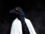  absurd_res anthro avian beak bird black_background black_beak black_body black_feathers clothed clothing corvid dark dark_body dreamscreep dress_shirt feathers fog glistening glistening_body glistening_eyes hi_res male mytho open_clothing open_shirt open_topwear orange_eyes oscine passerine princess_tutu shirt simple_background solo topwear 