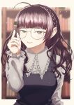  1girl absurdres adjusting_eyewear ahoge bangs blunt_bangs blurry blurry_background book_hair_ornament braid brown_eyes brown_hair hair_ornament hairclip highres indie_virtual_youtuber long_sleeves looking_at_viewer smile solo takllou upper_body virtual_youtuber yomiyama_humino 