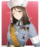  1girl bangs breast_pocket breasts brown_eyes brown_hair commission darkpulsegg epaulettes fur_hat girls_und_panzer hat highres long_hair medal medium_breasts mika_(girls_und_panzer) military military_uniform one_eye_closed pocket sash solo uniform upper_body white_headwear 