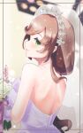  1girl asuka_hina bare_shoulders blurry blurry_background blush bouquet brown_hair dress earrings green_eyes highres holding holding_bouquet jewelry nijisanji smile solo u_kyoumaru veil virtual_youtuber wedding_dress 