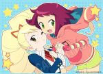  2girls :d artist_request big_hair blonde_hair capcom drill_hair fingerless_gloves gloves green_eyes hood hoodie long_hair looking_at_viewer luna_platz_(mega_man) mega_man_(series) mega_man_star_force multiple_girls official_art open_mouth short_hair shorts smile sonia_strumm_(mega_man) twin_drills twintails 