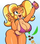  activision anthro big_breasts bikini breasts cleavage clothed clothing coco_bandicoot crash_bandicoot_(series) curvy_figure female fur hi_res one_eye_closed phone pigtails pink_bikini pink_clothing pink_swimwear selfie solo someth1ngoranother summer swimwear thick_thighs video_games voluptuous wide_hips wink 