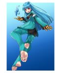  1girl 2022 alternate_costume blue_hair blush bodysuit border breasts colored_inner_hair eiji_(eiji) evolution_championship_series feet foot_focus foreshortening from_behind full_body gloves green_bodysuit highres ice kula_diamond long_hair looking_at_viewer looking_back lower_teeth multicolored_hair open_mouth red_eyes small_breasts soles solo teeth the_king_of_fighters the_king_of_fighters_xv toes white_border yellow_gloves 