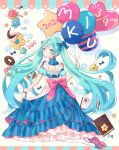  1girl 39 apron balloon bangs birthday blue_bow blue_dress blue_eyes blue_flower blue_hair book bow bow_earrings candy commentary_request cup doughnut dress earrings flower food full_body gloves hatsune_miku highres jewelry lollipop long_hair looking_at_viewer myaco9 solo teacup twintails vocaloid white_gloves 