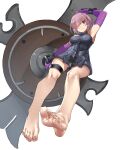  1girl armor armored_dress armpits ass_visible_through_thighs bangs bare_shoulders barefoot breasts detached_sleeves eiji_(eiji) elbow_gloves fate/grand_order fate_(series) feet foot_focus foreshortening full_body gloves hair_over_one_eye highres light_purple_hair looking_at_viewer mash_kyrielight purple_eyes purple_gloves shield short_hair simple_background soles solo thigh_strap thighs white_background 