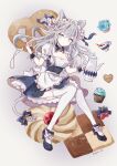  1girl animal_ears apron bangs blue_eyes cat_ears cat_girl cat_tail cookie cupcake detached_collar food frills grey_hair long_hair maid maid_apron maid_headdress mary_janes myaco9 original shoes solo tail teapot thighhighs waist_apron wrist_cuffs 
