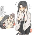  2girls ahoge black_hair black_hakama brown_eyes commentary_request cowboy_shot embarrassed hakama hakama_short_skirt hakama_skirt hands_on_own_face hinata_hibari japanese_clothes kantai_collection kimono long_hair low-tied_long_hair multiple_girls shouhou_(kancolle) simple_background skirt solo_focus standing thighhighs white_background white_kimono zuihou_(kancolle) 