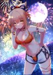  1girl absurdres aerial_fireworks bare_arms bare_shoulders bikini bikini_under_clothes blonde_hair blush breasts brown_eyes cleavage collarbone commentary_request fireworks front-tie_bikini front-tie_top full_moon genshin_impact grin hand_on_hip highres horizon medium_breasts moon nail_polish navel night night_sky o-ring ocean open_clothes open_fly open_shorts orange_bikini outdoors ponytail red_nails shibakame short_shorts shorts sky smile solo star_(sky) starry_sky swimsuit wading water white_shorts yoimiya_(genshin_impact) 