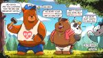  2022 anthro bear_and_breakfast belly black_eyes black_nose blush bottomwear brown_body bulge cartoon_network clothing cloud detailed_background digitslayer dot_eyes eyewear eyewear_on_head giant_panda grizzly_(wbb) group hammer hank_(bear_and_breakfast) hat headgear headwear ice_bear male mammal outside overweight overweight_male panda_(wbb) pants plant polar_bear shirt sunglasses sunglasses_on_head text text_on_clothing text_on_shirt text_on_topwear tools topwear tree ursid ursine visor we_bare_bears white_body 