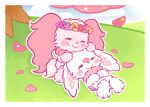  2022 afternoon anthro bird_dog blush canid canine canis cherry_blossom chest_tuft cloud daww digital_drawing_(artwork) digital_media_(artwork) domestic_dog duo eyelashes female flower flower_crown fluffy fur happy hi_res hunting_dog kemono lagomorph leporid long_ears maimai_(sanrio) mammal mell multicolored_tail neroangero pink_ears plant rabbit rainbow_tail relaxing sanrio semi-anthro sitting sky smile spaniel summer tree tuft white_body white_fur wish_me_mell 