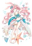  1girl animal_ears anklet barefoot bikini blue_bikini blue_eyes conch full_body innertube jewelry long_hair myaco9 open_mouth original pink_hair rabbit_ears solo starfish swimsuit thigh_strap twintails 