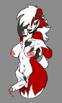  anthro areola balls big_areola big_penis bodily_fluids breasts canid canine canis chest_tuft claws dripping erection foreskin fur generation_7_pokemon genital_fluids genitals gynomorph hadmyway hair hair_over_eye hand_on_breast intersex lycanroc mammal midnight_lycanroc nintendo nipples nude one_eye_obstructed penis pokemon pokemon_(species) precum precum_drip red_body red_eyes red_fur simple_background solo tuft video_games white_body white_fur white_tail wolf 