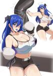  1girl arknights bangs bare_arms bare_shoulders black_shorts blue_eyes blue_hair blue_tongue boxing_gloves breasts cleavage collarbone colored_tongue crop_top halo highres horns large_breasts long_hair looking_at_viewer midriff mostima_(arknights) multiple_views navel official_alternate_costume one_eye_closed punching saliva saliva_trail sandbag short_sleeves shorts simple_background smile spaghetti_strap sports_bra star_(symbol) star_print stomach sweat thighs white_background xperiajoker 