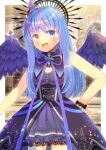  1girl :d ahoge bangs bare_shoulders black_dress blue_eyes blue_hair blurry blurry_background blush breasts commentary_request commission copyright_request depth_of_field dress feathered_wings halo hand_on_hip heterochromia kou_hiyoyo long_hair looking_at_viewer medium_breasts multicolored_hair pink_hair purple_ribbon purple_wings red_eyes ribbon skeb_commission sleeveless sleeveless_dress smile solo streaked_hair very_long_hair virtual_youtuber wings 