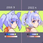  1girl 2018 2022 :o animal_ear_fluff animal_ears artist_progress bangs blue_eyes blue_hair bow cat_ears color_guide floating_hair from_side green_background highres kayoluha open_mouth orange_bow original pixel_art twintails 