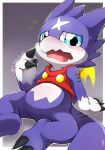  a_midnight_cat absurd_res anthro bandai_namco blue_eyes blush bottomless clothed clothing digimon digimon_(species) dragon embarrassed gumdramon hi_res male purple_body scalie shirt shirt_only solo topwear topwear_only 