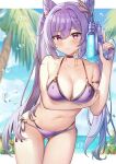  1girl ass_visible_through_thighs bikini blue_sky blurry blurry_background breasts choker cleavage cloud collarbone commentary_request cone_hair_bun day double_bun eric_(tianqijiang) genshin_impact hair_bun hair_ornament highres holding holding_water_gun keqing_(genshin_impact) large_breasts looking_at_viewer navel outdoors palm_tree purple_bikini purple_choker purple_eyes purple_hair sky solo summer swimsuit tree twintails water_gun 