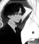  1boy bandaged_head bandages chrollo_lucilfer closed_mouth creature earrings fish formal greyscale hatching_(texture) highres hunter_x_hunter jewelry looking_at_viewer maki_keigo male_focus monochrome necktie single_earring smile suit upper_body 