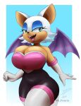  anthro armwear big_breasts border breasts bulging_(disambiguation) butt chiropteran cleavage cleavage_overflow clothed clothing dpronin edit elbow_gloves female gloves gradient_background hair handwear hi_res huge_breasts legwear looking_at_viewer makeup mammal membrane_(anatomy) rouge_the_bat sega simple_background smile solo sonic_the_hedgehog_(series) teeth thick_thighs thigh_highs video_games white_border white_hair wide_hips wings 
