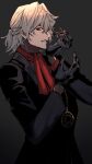  1boy antonio_salieri_(fate) antonio_salieri_(second_ascension)_(fate) ascot bags_under_eyes black_background black_gloves empty_eyes fate/grand_order fate_(series) formal gloves gradient gradient_background grey_background grey_hair grey_suit hal_redgoat half_updo highres jewelry long_sleeves looking_at_viewer male_focus pendant pendant_watch pinstripe_pattern pinstripe_suit red_ascot red_eyes sharp_teeth short_hair solo striped suit teeth 