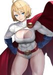  1girl absurdres ahoge bangs belt blue_eyes blue_gloves breasts cape cleavage cleavage_cutout clothing_cutout dc_comics gloves grin hands_on_hips hands_up highres large_breasts leotard lips long_sleeves power_girl red_cape revision shiny shiny_hair shiny_skin short_hair simple_background smile solo superman_(series) thighs turtleneck white_background white_leotard yoshio_(55level) 