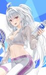  1girl ahoge bangs blush bottle breasts cleavage collarbone fate/grand_order fate/prototype fate_(series) long_hair looking_at_viewer medium_breasts merlin_(fate/prototype) open_mouth purple_eyes smile solo staff thighs very_long_hair water_bottle white_hair yahako 