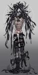  1boy absurdres animal_feet armlet arms_up belt black_belt black_feathers black_hair black_pants black_skin black_wings blood blood_from_mouth chain chained_wrists claws collar colored_skin covered_eyes dark-skinned_male dark_skin feathers full_body gradient gradient_background grey_background grey_hair grin harpy_boy highres male_focus metal_collar monster_boy nipple_piercing original pants piercing sa-dui short_hair_with_long_locks sketch smile solo talons toned toned_male topless_male torn_clothes torn_legwear walking winged_arms wings 