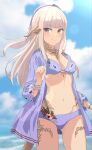  1girl absurdres au_ra avatar_(ff14) bangs bikini blonde_hair blunt_bangs breasts camui1104 dragon_horns dragon_tail final_fantasy final_fantasy_xiv flower hair_ornament hair_ribbon highres horns long_hair looking_at_viewer medium_breasts navel purple_eyes red_ribbon ribbon scales smile solo swimsuit tail 