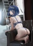  1girl ass blue_eyes blue_hair blush bow bow_earrings chair earrings head_chain highres hololive hololive_english jewelry nyaxxy on_chair ouro_kronii underwear underwear_only virtual_youtuber 