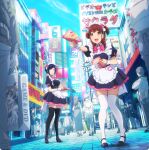  2girls :d akihabara_(tokyo) animal_ears apron artist_request brown_hair character_request city cityscape cloud copyright_request eyelashes flyer hair_ornament happy highres key_visual maid maid_apron maid_headdress medium_hair multiple_girls official_art open_mouth pig_ears pig_snout promotional_art shadow shoes short_hair sky smile source_request standing thighhighs thighs wrist_cuffs yellow_eyes 