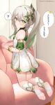  1girl :o ? absurdres armchair ayaya_(ayaya_ri) bare_shoulders blush chair commentary_request cross-shaped_pupils dress feet full_body genshin_impact gradient_hair green_eyes green_hair grey_hair highres indoors kneeling long_hair looking_at_viewer looking_back multicolored_hair nahida_(genshin_impact) no_shoes on_chair parted_lips pointy_ears side_ponytail sleeveless sleeveless_dress socks solo spoken_question_mark stirrup_legwear toeless_legwear translation_request watermark web_address white_dress white_socks 
