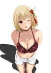  1girl ;p absurdres arms_behind_back blonde_hair blush bob_cut bra breasts cleavage from_above hair_ribbon highres lace-trimmed_bra lace_trim large_breasts looking_at_viewer lycoris_recoil navel nishikigi_chisato one_eye_closed one_side_up red_bra red_eyes red_ribbon ribbon shadow short_hair short_shorts shorts simple_background solo stomach tetsuado tongue tongue_out underwear white_background white_shorts 