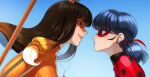  2girls abbystea animal_ears blue_background blue_eyes blue_hair blurry bodysuit brown_eyes brown_hair depth_of_field domino_mask earrings eye_contact faceoff fox_ears from_side hair_ribbon jewelry ladybug_(character) lila_rossi lipstick looking_at_another makeup marinette_dupain-cheng mask miraculous_ladybug multiple_girls orange_lips pendant polka_dot ribbon smile twintails volpina 