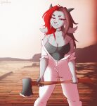  anthro axe biped black_clothing black_topwear boardwalk breasts cleavage clothed clothing digital_media_(artwork) ear_piercing female hair hi_res holding_axe horn mammal melee_weapon multicolored_hair outside photo_background piercing red_eyes red_hair shaded solo spider_bones standing topwear two_tone_hair weapon 