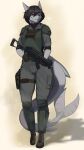  anthro armor black_hair boots clothed clothing combat_boots combat_gear female fish footwear fully_clothed grey_body grey_skin hair half-lidded_eyes hi_res marine natalie_(pipthecowboy) purple_eyes shark solo sorok17 thick_tail thick_thighs thigh_strap ump-45 