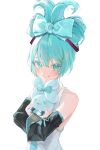  &gt;_&lt; 1girl :d absurdres black_sleeves blue_bow blue_hair blue_necktie bow cinnamiku cinnamoroll closed_eyes closed_mouth collared_shirt commentary_request cosplay detached_sleeves green_eyes hair_bow hatsune_miku hatsune_miku_(cosplay) highres hug long_sleeves looking_at_viewer necktie sanrio shirt simple_background sleeveless sleeveless_shirt smile upper_body vocaloid white_background white_shirt wide_sleeves xd yon_(y0n_4) 
