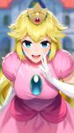  1girl bangs blonde_hair blue_eyes blurry blurry_background blush breasts cowboy_shot crown depth_of_field dress elbow_gloves english_commentary eyelashes gloves hand_up highres large_breasts leaning_forward long_hair looking_at_viewer mario_(series) open_mouth pink_dress pink_lips princess_peach puffy_short_sleeves puffy_sleeves sasoura shadow shiny shiny_hair short_sleeves sidelocks solo standing teeth tongue upper_teeth 